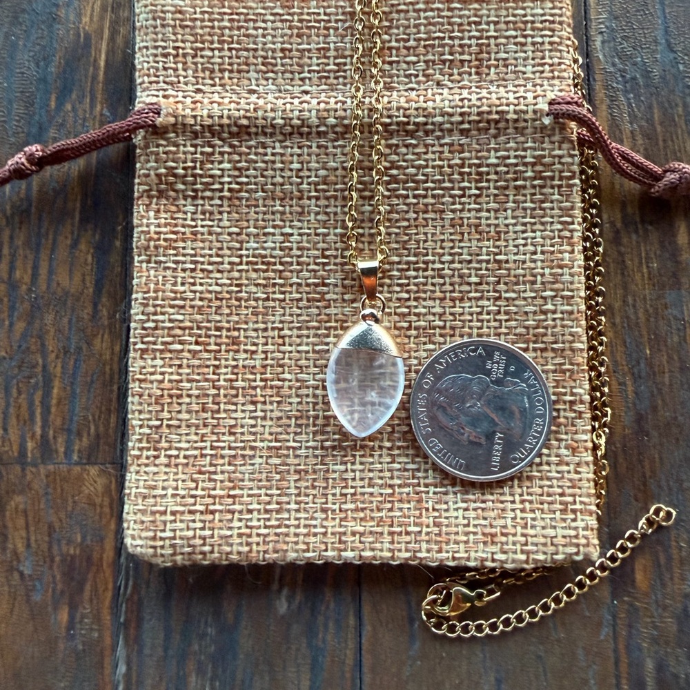 Clear Quartz Necklace Clear Quartz Pendant wit Gold plated Stainless Steel Chain - Picture 2 of 2